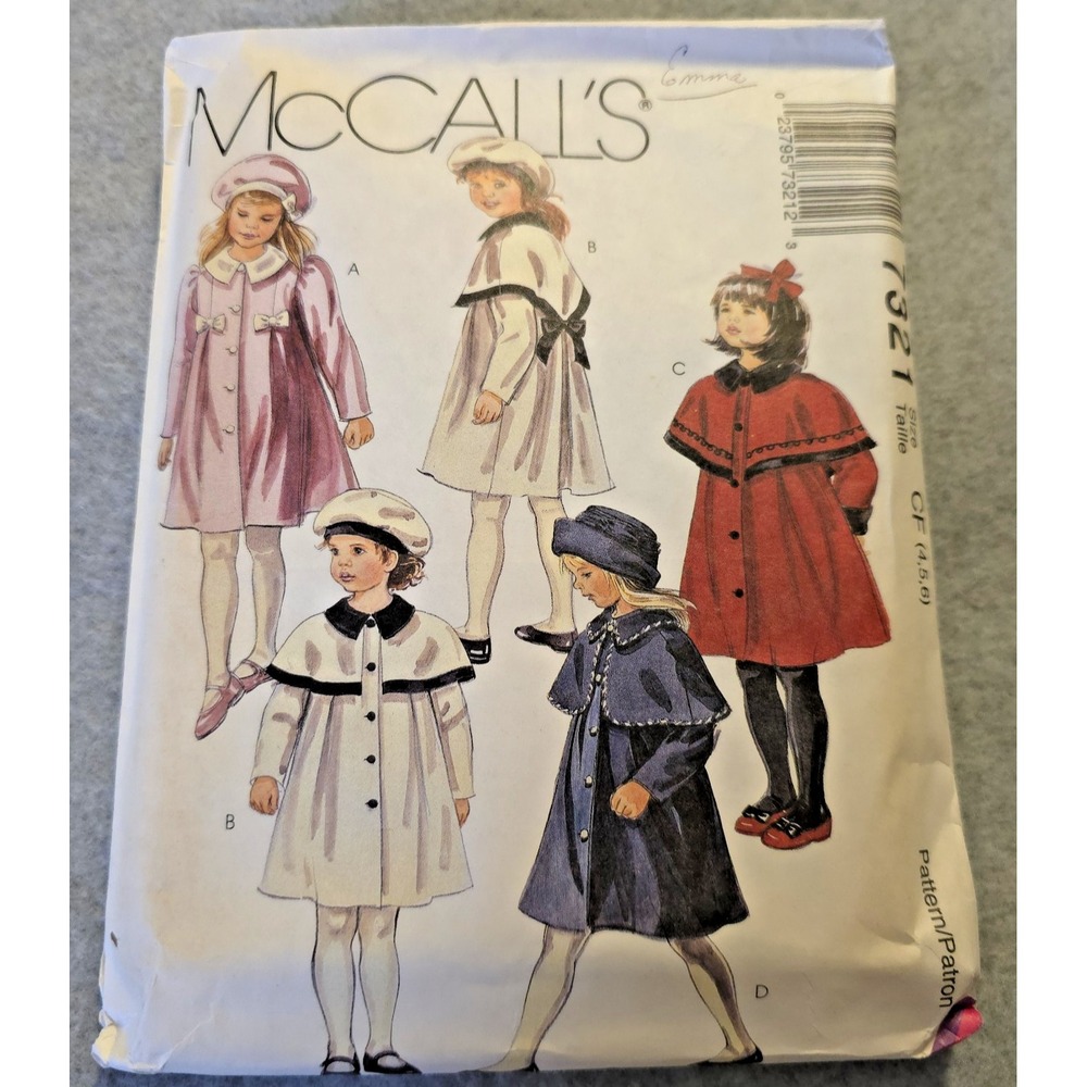 McCall's 7321 Girl's Coat & Hat‎ Pattern Size 4-6 Uncut Vintage Victorian Style
